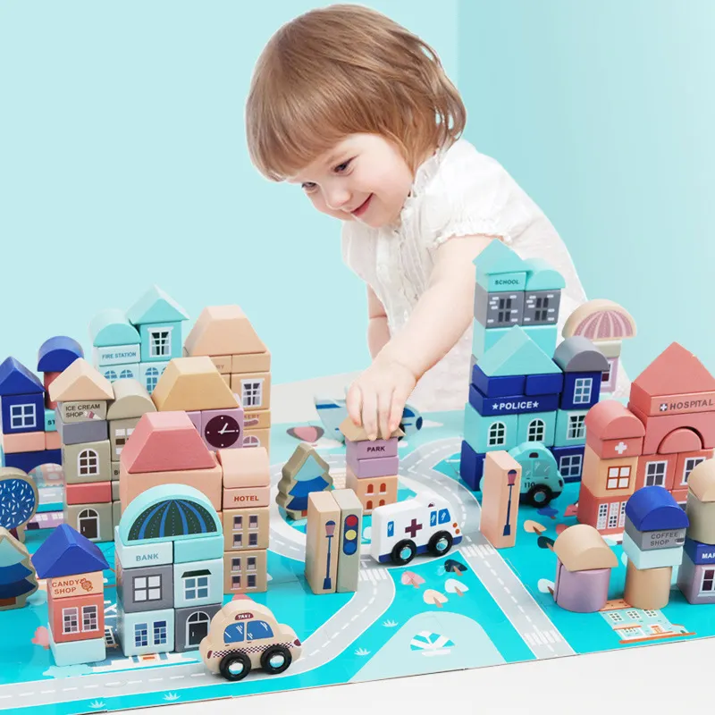 2022 Kinderen Grote 3D Diy Scenesearly Educatief Speelgoed Geometrische Vormen Gemonteerd Huis Stad Model Houten Bouwsteen Speelgoed Set