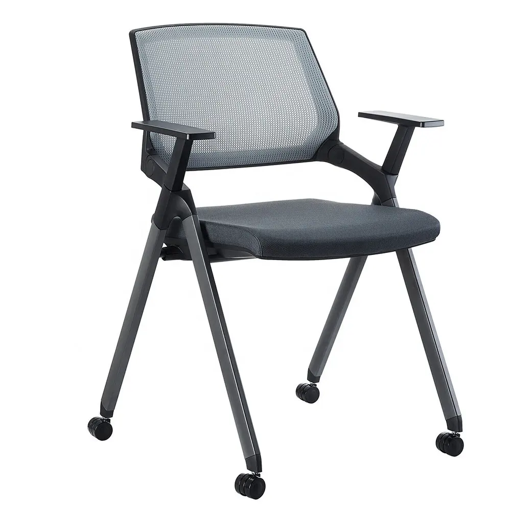 Silla ergonómica con brazo abatible hacia arriba, silla apilable de malla con ruedas giratorias, brazo para sala de espera, color gris