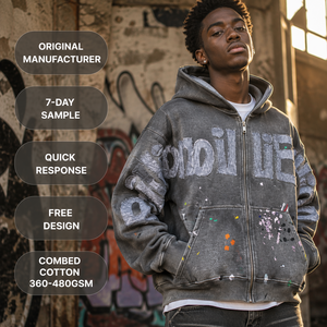 Felpa con Cappuccio Personalizzata in Pile Pesante 400GSM con Zip Intera, Applicazioni Sfrangiate e Schizzi di Vernice, Stile Streetwear da <span class=keywords><strong>Uomo</strong></span> - Product Image 1