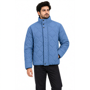 Men's <b>Blue</b> Quilted Puffer Jacket Hooded Stand Collar Button Closure Windproof Casual Winter Coat - Product Image 1
