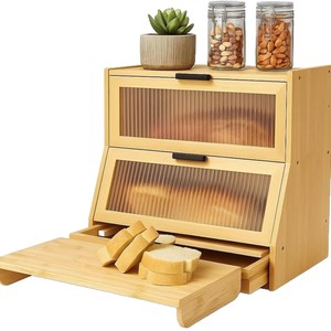 Boîte à pain en bois En Yi à 3 niveaux avec porte en verre, tiroir à couteaux, rangement de cuisine pour pain et produits de boulangerie - Product Image 2