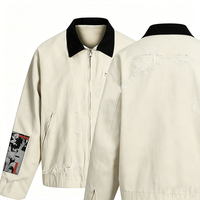 Veste Homme Vintage OEM Noire Effet Vieilli à Col Contrastant Coupe Ample Zippée – Manteau Streetwear de Haute Qualité pour Homme