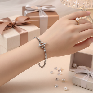Bracciale a T da 19 cm con catena ovale, placcato rodio, oro bianco, oro rosa, platino, con ciondoli a forma di diamante e perla, religiosi, per regali - Product Image 3