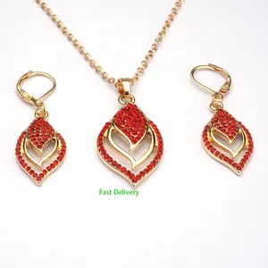 The Weeding Wedding Accessories Bride Trendy Gold Plated Dubai Sets Round Red Diaond Leaf Woman Jewelry Set