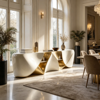 Buffet en fibre de verre courbé bio, blanc avec accents 3D dorés, pour un intérieur moderne et luxueux