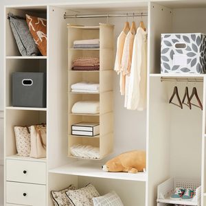 6 Tier Hanging Closet Organizer Cloth <b>Shelf</b> With 2 <b>Hooks</b> Foldable Storage For Bedroom Beige 33x15x85cm Non Woven Fabric - Product Image 5