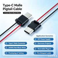 Câble Pigtail Type-C Mâle 24AWG 8CM Pré-soudé, Fiche USB-C Réversible pour Modification d'Alimentation DIY, Câblage d'Alimentation pour Modèles RC
