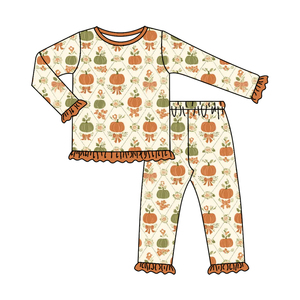 GLP3348 Conjunto de Ropa Infantil para Niña, Diseño Personalizado con Flores, Lazos a Cuadros y Calabazas, Estilo Otoñal, Manga Larga, Venta al Por Mayor - Product Image 1