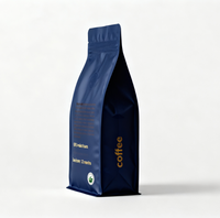 Sachet de café biodégradable bleu à fond plat, imprimé sur mesure, réutilisable, 250g, 500g, 1kg, avec valve et fermeture éclair, pochette verticale réutilisable