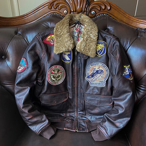 Veste en cuir de pilote G-1 vintage de la Seconde Guerre mondiale pour <span class=keywords><strong>homme</strong></span>, veste <span class=keywords><strong>bomber</strong></span> en cuir de vachette de première qualité, épaisse, avec col en fourrure de mouton véritable - Product Image 1