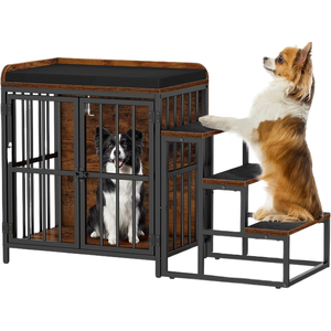 Perrera de madera marrón rústica para perros, puertas dobles, muebles de caja para perros de interior con cojín, cama resistente para mascotas, perros pequeños/medianos - Product Image 1