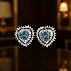 Boucles d'oreilles clous cœur E1002 en quartz arc-en-ciel multicolore, cristaux naturels sertis griffe, bijoux romantiques pour femme pour soirée - Product Image 2