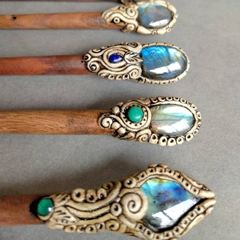 Palo de cristal para el pelo para mujer, cristal Natural azul, labradorita curativa, labradorita, arcilla polimérica - Product Image 3