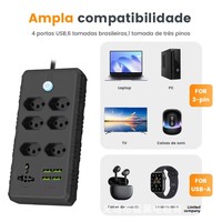 Filter Soket Ekstensi 4/5/6 Outlet Standar Brasil dengan Kabel USB Pintar 2m, Konstruksi Aluminium Berlapis Tembaga ABS