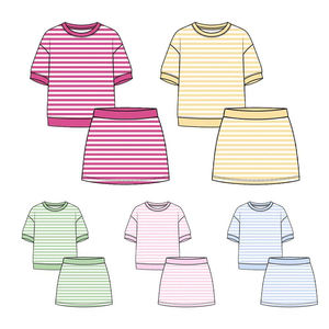 Ensemble d'été personnalisé pour bébés filles : T-shirt, gilet, jupe, short et jupe-short à rayures colorées – Tenues décontractées et adorables pour sœurs – Vente en gros pour boutiques - Product Image 2