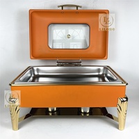 Plat de service de luxe 9L en acier inoxydable, chauffe-plat de buffet orange et or avec couvercle en verre visible pour banquets d'hôtel
