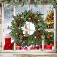 NINI Karangan Bunga Natal LED Artifisial Modern dengan Buah Pinus 40-60cm Lampu Warna-warni Plug-In Dekorasi Dalam/Luar Ruangan