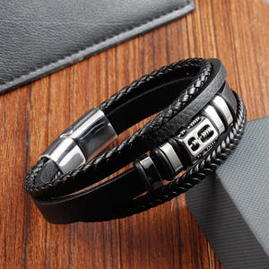 클래식 펑크 세련된 다층 손으로 짠 정품 소가죽 스테인레스 스틸 마그네틱 걸쇠 팔찌 보석 선물 - Product Image 2