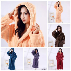 <b>Hooded</b> <b>Bathrobe</b> For Women One Size Chenille Solid Color Thick Keep Warm Daily Wear Robe - Product Image 3