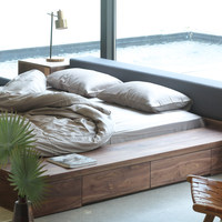 Cama Baja Minimalista de Madera Maciza de 1.8m, Cama de Plataforma Tatami de Nogal Negro Japonés, Cama Extra Ancha para Dormitorio