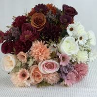Bunga Sutra Buatan Grosir Model Fili Rose Daisy, Buket Genggam Warna Musim Gugur, Peony Hydrangea Bone
