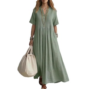 Nuevo Vestido Largo Informal para Mujer 2026, Cuello en V, <span class=keywords><strong>Manga</strong></span> Corta, Plisado, de Algodón y Lino - Product Image 5