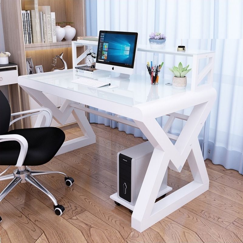 YQ Forever Compact Laptop Computer Desk with Bookshelf | Eco-Friendly Tempered Glass Table Top, Steel Frame, Space-Saving Office Table for Home & Study – Qatar