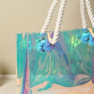 Custom Laser PVC Handbag Holographic Jelly Transparent <b>Large</b> Capacity <b>Gift</b> Shopping Beach <b>Bag</b> with Jute Rope Handle - Product Image 2