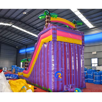 Château gonflable pour extérieur, cour arrière, avec toboggan aquatique en PVC marbré violet et palmiers tropicaux, toboggans gonflables pour adultes