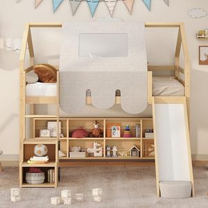 Planken Ladder & Tent-Kinderen Full Size Hoogslaper Met Huisvormig Frame En Glijbaan Voor Een Leuke Ruimte - Product Image 2