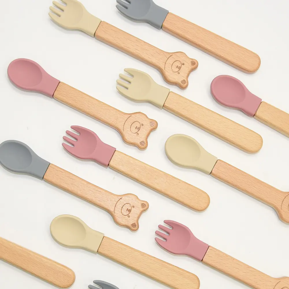 Eco-friendly Silicone Wooden Spoon Fork Feeding Set Toddler Baby Bamboo Spoon