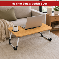 Bureau d'ordinateur portable pliable avec porte-gobelet et emplacement pour tablette - Table de lit/plateau de canapé portable en bois avec pieds en métal pour la maison et le bureau