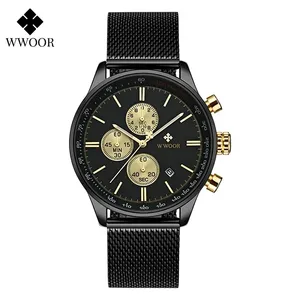 Wwoor 88623BAR防水メッシュスチールファッションスポーツクォーツ時計高品質ファッションビジネスメンズブラック腕時計メンズ