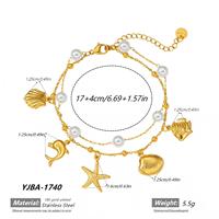Bracelet double couche en acier inoxydable plaqué or 18 carats avec breloques océaniques, perle, étoile de mer, dauphin et coquillage, bracelet d'été pour femme