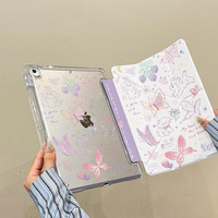 Housse de tablette avec motif de chien papillon pour iPad Y, support pliable en trois parties, dos rigide transparent résistant aux chocs