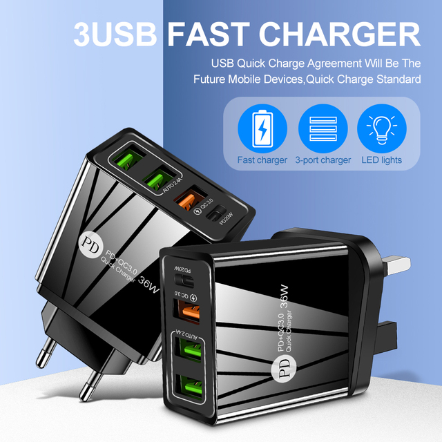 Universal USB C Wall Charger 36W 4 Port QC 3.0 PD Power EU/US/UK Adapter Fast Charging Plug Travel Wall Charger for iPhone
