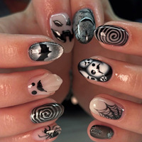 Uñas Postizas de PMMA con Diseño de Telaraña de Araña y Murciélago de Halloween, Estilo Francés en Espiral, Forma de Almendra, Color Negro y Blanco, Personalizables, para las Fiestas
