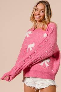 2025 Top de suéter de mujer con lazo texturizado personalizado para el Día de San Valentín con perlas - Product Image 3