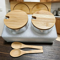 Offre Spéciale : Ensemble de Rangement Rond en Verre Transparent, Hermétique, pour Cuisine, avec Plateau et Couvercle en Bois, et Cuillère – Bocaux à Épices en Verre