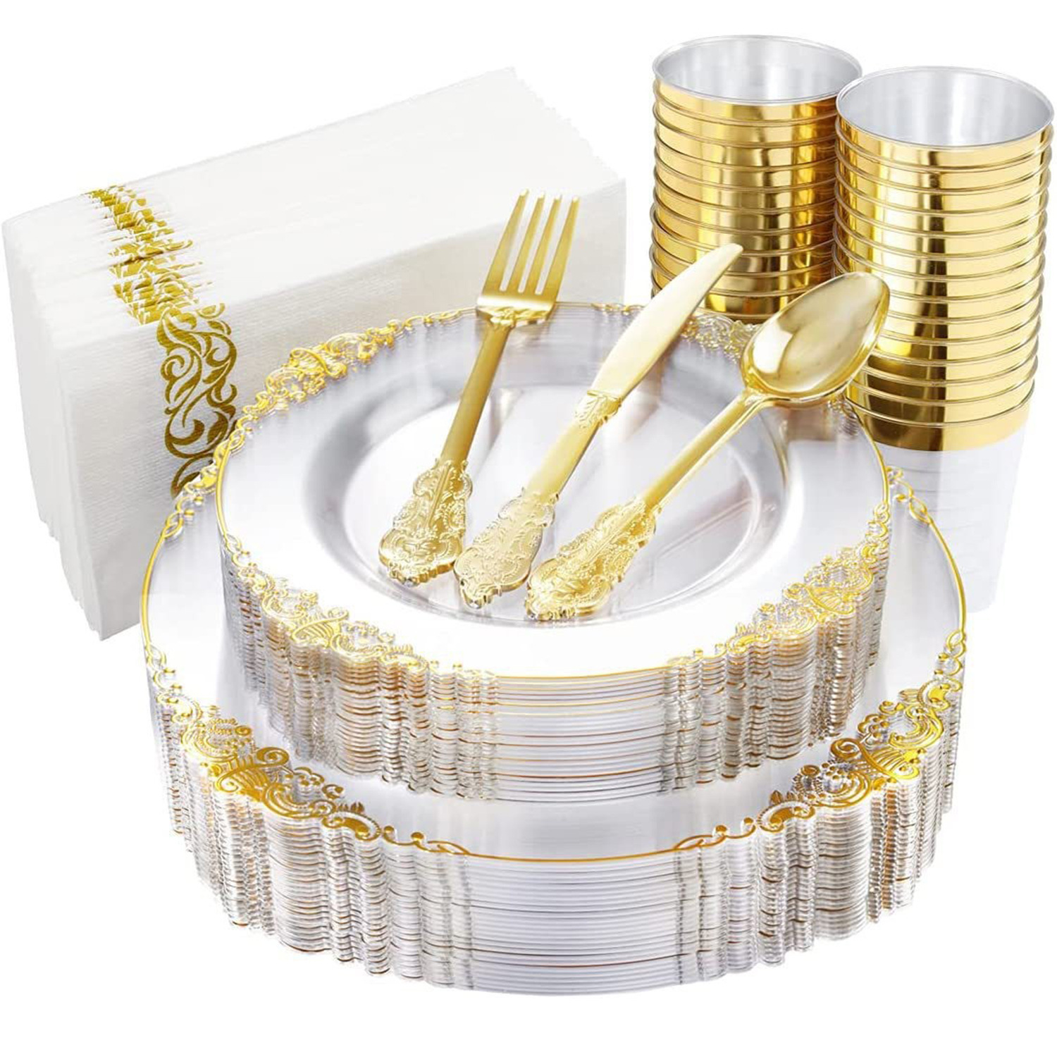 70-Piece Gold Rim Dinnerware Set – Elegant Plastic Plates, Cups & Gold Silverware Set