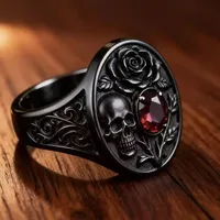 Bague de cocktail unisexe ZhuQian en alliage noir, squelette rose, style punk gothique, avec zircon rouge, idéale pour Halloween et anniversaires, bijoux de fête