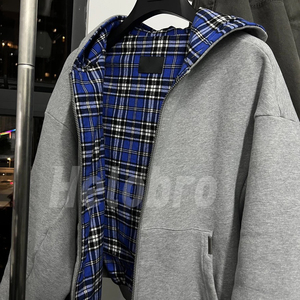 Sudadera con Capucha Reversible de Doble Capa a Cuadros y Rayas de Franela <span class=keywords><strong>para</strong></span> <span class=keywords><strong>Hombre</strong></span>, Fabricación Personalizada, Chaqueta con Doble Cremallera, Corte Amplio y Hombros Caídos - Product Image 3