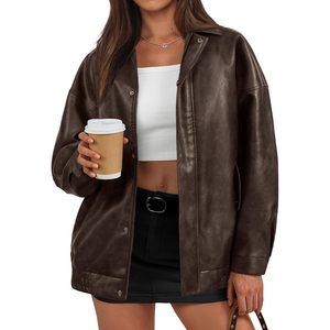 Women's Oversized Faux <b>Leather</b> Bomber <b>Jacket</b> Full Sleeve Windproof Autumn <b>Winter</b> Spring Coat - Product Image 1