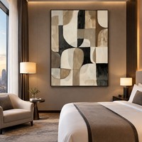 Peinture murale géométrique texturée 3D Wabi-Sabi neutre peinte à la main en gros, sur toile, beige, noir, marron, pour la décoration de la maison et des hôtels