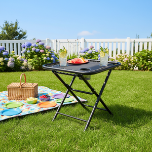 Tavolino Pieghevole Nero da Esterno, Struttura in Acciaio Resistente con Doppio Portabicchieri per Campeggio e Uso in Patio - Product Image 5