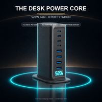 Chargeur de bureau GaN 520W, station de charge 8 ports, 4C PD100W 4A QC30W, affichage visuel, 8 appareils pour téléphone et montre