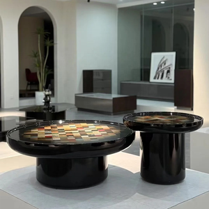 Tavolini Laterali con Piedistallo in Fibra di Vetro FRP Lucida Stile Metà Secolo, Colore <span class=keywords><strong>Nero</strong></span> Scuro <span class=keywords><strong>Laccato</strong></span> con Intarsi Colorati, Tavolino da Caffè - Product Image 4