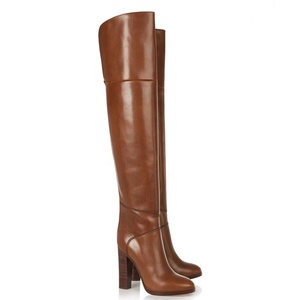 Bottes de chevalier en cuir marron style romain pour hommes et femmes, à talon épais, bout rond, découpe arrière, confortables, bottes d'hiver montantes au-dessus du genou - Product Image 5