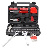 Ensemble d'outils ménagers de 60 pièces avec tournevis, clé à molette réglable, pince à bec long, clés hexagonales, marteau, ruban adhésif, étui