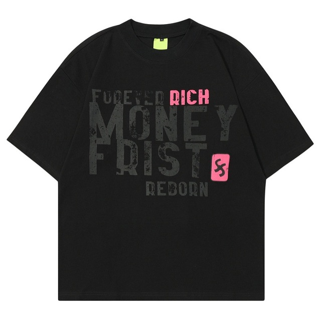High Quality Custom Two-Color Front and Back Old Bold Letters Slogan Printing Men's Loose Short Sleeve Fleece T-shirt 180 Grams